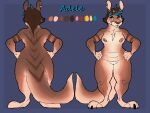  4_fingers adele_(mochashep) anthro barely_visible_genitalia barely_visible_pussy blue_highlights breasts brown_eyes brown_hair chest_tuft ear_piercing ear_ring female fingers genitals hair hands_on_hips highlights_(coloring) kangaroo looking_up macropod mammal marsupial mochashep model_sheet nipple_piercing nipples piercing pose pussy solo standing tuft wide_hips 