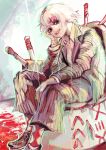  1boy absurdres bangs commentary_request grey_hair hair_ornament hairclip highres jacket knife kyuuba_melo long_sleeves male_focus official_style pants red_legwear roman_numeral short_hair sitting sketch smile socks stitches striped striped_jacket striped_pants suzuya_juuzou teeth tokyo_ghoul x_hair_ornament 