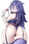  artist_name ass bare_shoulders belt black_hair black_leotard blue_eyes boku_no_hero_academia commentary domino_mask english_commentary from_behind garter_straps grin hair_between_eyes holding holding_whip hot_vr leotard long_hair looking_at_viewer mask midnight_(boku_no_hero_academia) mouth_hold purple_legwear reward_available simple_background smile spiked_hair standing thigh_gap thighhighs white_background 