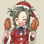  1girl ahoge black_hair closed_eyes coat commentary_request double_bun food forehead fur-trimmed_coat fur_trim green_hair grey_background hat highres holding kantai_collection long_hair makinami_(kancolle) multicolored_hair official_alternate_costume red_coat santa_hat simple_background solo turkey_(food) upper_body yashin_(yasinz) 