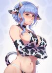  1girl alternate_costume animal_costume animal_ears animal_print bangs bare_shoulders bikini blue_hair blush braid breasts brown_eyes cleavage cow_costume cow_ears cow_horns cow_print crown_braid evomanaphy fire_emblem fire_emblem:_three_houses gloves highres horns large_breasts long_hair looking_at_viewer marianne_von_edmund navel solo swimsuit 
