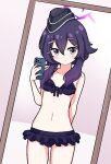  1girl bikini black_nails blue_archive blush chibikki eyebrows_visible_through_hair frilled_bikini frills garrison_cap hair_between_eyes hair_ornament hairclip halo haruka_(blue_archive) hat holding holding_phone mirror nail_polish phone purple_eyes purple_hair reflection selfie solo swimsuit 