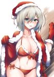  bikini blue_eyes breasts cape cleavage collarbone commentary_request cowboy_shot fur-trimmed_bikini fur-trimmed_cape fur-trimmed_gloves fur_trim gloves hair_ornament hairclip hamakaze_(kancolle) hat highres kantai_collection large_breasts pulumelo red_bikini red_cape red_gloves santa_hat short_hair side-tie_bikini silver_hair swimsuit 
