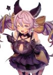  1girl animal_ears armpit_crease bare_shoulders black_dress black_gloves blush braid breasts calpish cleavage cleavage_cutout clothing_cutout dress elbow_gloves garter_straps gloves granblue_fantasy index_finger_raised large_breasts long_hair looking_at_viewer one_eye_closed open_mouth petticoat pink_eyes pink_hair satyr_(granblue_fantasy) simple_background solo twintails white_background 