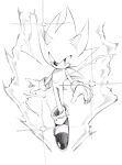  1boy aeyga aura closed_mouth floating furry furry_male gloves greyscale highres looking_at_viewer male_focus monochrome serious shoes sneakers solo sonic_(series) sonic_the_hedgehog super_sonic traditional_media 