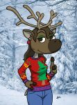  2021 anthro antlers blue_bottomwear blue_clothing blue_jeans blue_pants bottomwear brown_body brown_countershading brown_eyes brown_fur brown_hair capreoline cel_shading cervid christmas christmas_clothing christmas_sweater christmas_topwear clothed clothing countershade_fur countershading denim denim_clothing digital_drawing_(artwork) digital_media_(artwork) ear_piercing ear_ring eyebrows eyeshadow female finger_gun fingers fur gesture green_eyeshadow hair half-closed_eyes hand_on_hip holidays hooved_fingers hooves horn jeans long_hair looking_at_viewer makeup mammal multicolored_body multicolored_fur narrowed_eyes outside pants photo_background piercing pointing pointing_at_viewer raised_eyebrow reindeer shaded signature smile solo solo_focus standing sweater toony topwear two_tone_body two_tone_fur zigmenthotep 