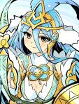  1girl azura_(fire_emblem) blue_eyes breasts brooch cleavage fire_emblem fire_emblem_fates fire_emblem_heroes hair_ornament jewelry large_breasts long_hair looking_at_viewer official_alternate_costume solo upper_body yellow_eyes yukia_(firstaid0) 
