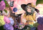  1girl black_headwear blouse blue_eyes blue_flower blurry blurry_foreground breasts bug butterfly cowboy_shot eyebrows_visible_through_hair flower frilled_shirt_collar frills green_hair green_skirt hand_on_headwear hat hat_ribbon highres house hydrangea kirikaze_ren komeiji_koishi leaf medium_hair outdoors petals pink_flower pink_sky ribbon short_sleeves skirt small_breasts solo touhou window yellow_blouse yellow_ribbon 