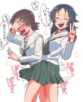  2girls :d afterimage aq_sipd black_hair black_neckerchief black_neckwear blush brown_hair closed_eyes commentary_request covering_face cowboy_shot dry_humping from_side girls_und_panzer green_skirt hand_up humping long_hair long_sleeves looking_at_viewer looking_away messy_hair motion_lines multiple_girls neckerchief ooarai_school_uniform pleated_skirt sailor_collar sawa_azusa school_uniform serafuku short_hair simple_background skirt smile speech_bubble translation_request v white_background yamagou_ayumi yuri 