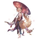  1boy animal_ears anklet bare_shoulders barefoot belt blonde_hair cherry_blossoms collar erune flower fox_ears fox_tail from_behind gloves granblue_fantasy hair_flower hair_ornament hand_on_hip jewelry kou_(granblue_fantasy) long_hair looking_at_viewer male_focus minaba_hideo off_shoulder official_art simple_background smile solo tail white_background yellow_eyes 