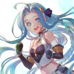  1girl armlet bare_shoulders blue_eyes blue_hair blurry blush braid commentary day english_commentary granblue_fantasy hair_ornament highres long_hair looking_at_viewer lyria_(granblue_fantasy) oyakorodesu scrunchie smile solo upper_body very_long_hair wrist_scrunchie 