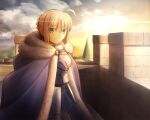  1girl ahoge armor armored_dress artoria_pendragon_(fate) bangs black_eyes blonde_hair braid cape closed_mouth cloud commentary_request eyebrows_visible_through_hair fate/grand_order fate/stay_night fate_(series) from_side fur_trim gauntlets hair_between_eyes looking_at_viewer looking_to_the_side medium_hair migiha mountain saber sidelocks sky smile solo standing upper_body 