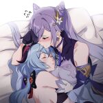  ahoge bangs bare_shoulders bed blue_hair blush detached_sleeves double_bun eyebrows_visible_through_hair ganyu_(genshin_impact) genshin_impact goat_horns hair_cones horns keqing_(genshin_impact) long_hair negom pillow purple_eyes purple_hair sleeping twintails 