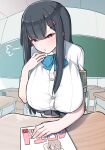  1girl akitokage01 angry armband black_hair blue_ribbon breasts bursting_breasts chalkboard classroom desk eyebrows_visible_through_hair hair_ornament hairclip highres huge_breasts leaning_forward long_hair looking_at_viewer original ribbon school_uniform standing thighhighs zettai_ryouiki 