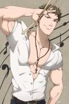  1boy abs absurdres bara belt brown_eyes brown_hair buttons closed_mouth cross cross_necklace hand_up highres jewelry kawabuchi_sentarou kuroshinki large_pectorals looking_at_viewer male_focus muscular muscular_male musical_note necklace pants partially_unbuttoned pectorals sakamichi_no_apollon short_hair sideburns smile solo unbuttoned upper_body 