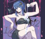  1girl :p arknights arm_up bandeau bangs bare_arms bare_shoulders black_shorts blue_eyes blue_hair breasts chinese_commentary cleavage collarbone commentary_request crossed_legs cup drinking_glass eyebrows_visible_through_hair feet_out_of_frame halo highres holding holding_cup horns long_hair looking_at_viewer midriff molingxiang_chimangguo mostima_(arknights) shorts sitting smile solo stomach strapless thighs tongue tongue_out tube_top wine_glass 