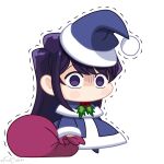  1girl bangs blue_headwear blue_santa_costume blush capelet chibi christmas commentary full_body fur_trim gift_bag gradient_hair hat highres holding holding_sack joseph_cereceda komi-san_wa_komyushou_desu komi_shouko long_hair long_sleeves looking_at_viewer meme mistletoe multicolored_hair no_mouth padoru_(meme) purple_eyes purple_hair red_headwear sack santa_costume santa_hat simple_background solo trembling twitter_username white_background 