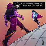  2021 anthro bracelet cape clothed clothing deltarune dinosaur duo english_text female hair human humor jewelry jojo&#039;s_bizarre_adventure kris_(deltarune) kris_where_are_we male mammal meme menacing_approach outside parody profanity purple_body purple_hair reptile scalie signature simple_background spiked_bracelet spikes susie_(deltarune) text text_box undertale_(series) unknown_artist video_games walking 