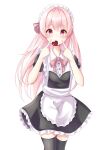  1girl absurdres apron black_legwear black_skirt bow bowtie cowboy_shot eyebrows_visible_through_hair frilled_apron frilled_skirt frills hair_between_eyes hair_ribbon hata_no_kokoro heart highres kofumi_(nxme5555) long_hair looking_at_viewer maid maid_headdress mouth_hold pink_bow pink_bowtie pink_eyes pink_hair pink_ribbon pointing pointing_at_self puffy_short_sleeves puffy_sleeves ribbon short_sleeves skirt solo thighhighs touhou waist_apron white_apron zettai_ryouiki 