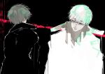  2boys absurdres arima_kishou bangs black_background black_coat brown_hair closed_mouth coat commentary_request eyebrows_visible_through_hair from_behind glasses highres kaneki_ken kyuuba_melo male_focus multiple_boys red_background red_eyes shiny shiny_hair short_hair tokyo_ghoul tokyo_ghoul:re white_coat 