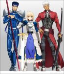  2boys1girl ahoge akujiki59 archer_(fate) armor armored_dress artoria_pendragon_(fate) blonde_hair blue_hair bow_(weapon) cu_chulainn_(fate) cu_chulainn_(fate/stay_night) dark-skinned_male dark_skin earrings excalibur_(fate/stay_night) fate/grand_order fate/stay_night fate_(series) gae_bolg_(fate) gauntlets green_eyes holding jewelry long_hair looking_at_viewer multiple_boys polearm ponytail red_eyes saber short_hair smile spear sword weapon white_hair 