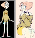  1girl animification black_choker blue_eyes blush bra_strap brown_sweater choker collarbone forehead_jewel ink_(ink01_) off-shoulder_sweater off_shoulder pearl_(steven_universe) reference_inset short_hair shorts smile steven_universe sweater thick_thighs thighs yellow_shorts 