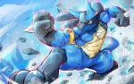  2021 abs absurd_res action_pose anthro armband biceps big_muscles clenched_teeth cloud day fighting_pose fist fur hi_res lucario male muscular muscular_anthro muscular_male narrowed_eyes nintendo obliques outside pecs pok&eacute;mon pok&eacute;mon_(species) pose rock scar signature sky solo spikes spikes_(anatomy) teeth tuft vein video_games waddledox 