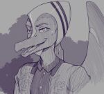  anterior_nasal_aperture anthro brokenmojo clothed clothing detailed dress_shirt eyebrows eyeliner facial_hair goatee goodbye_volcano_high grin hair head_crest jacket looking_aside looking_away makeup male male/male markings monochrome naser_(gvh) open_mouth pterodactylus pterosaur reptile scalie scar shaded shirt short_hair simple_background sketch smile snoot_game_(fan_game) snout solo teeth tongue topwear wings wrinkles 