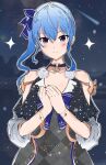  1girl adapted_costume blue_bow blue_eyes blue_hair bow bracelet breasts charm_(object) choker cleavage cloud cloudy_sky collarbone comet dress drop_earrings earrings halter_dress halterneck hands_on_own_chest highres hololive hoshimachi_suisei jewelry light_smile long_hair looking_at_viewer mangotaingo mountainous_horizon night outdoors pendant_choker plaid plaid_dress ringlets side_ponytail sidelocks sky solo star_(sky) star_(symbol) star_earrings star_in_eye starry_sky starry_sky_print symbol_in_eye tsurime twitter_username virtual_youtuber 