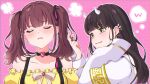  2girls :3 beige_bow black_choker black_hair brown_hair choker collarbone creator_connection ear_piercing fang fang_out frilled_shirt frills green_eyes hair_behind_ear head_tilt highres holding_another&#039;s_hair horns indie_virtual_youtuber lee_roha long_hair mugimugigo multiple_girls nijisanji nijisanji_kr off-shoulder_shirt off_shoulder piercing pout shirt sleeves_past_fingers sleeves_past_wrists smile sudama_chitose suspenders twintails virtual_youtuber yellow_shirt 