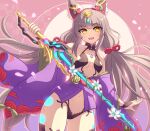  1girl animal_ears catalyst_scimitar cosplay enni facial_mark fate/grand_order fate_(series) japanese_clothes kimono long_hair low_twintails nia_(blade)_(xenoblade) nia_(xenoblade) open_clothes open_kimono purple_kimono revealing_clothes shuten_douji_(fate) silver_hair solo sword twintails very_long_hair weapon xenoblade_chronicles_(series) xenoblade_chronicles_2 yellow_eyes 