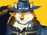  anthro barrel_(live-a-hero) canid canine canis clothing cowboy_hat fingerless_gloves gloves green_tea_ig handwear hat headgear headwear lifewonders live-a-hero male mammal solo superhero tipping_hat video_games wolf yellow_eyes 