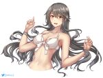  1girl bikini breasts brown_eyes collarbone edwin_(cyberdark_impacts) grey_hair hair_ornament hairclip haruna_(kancolle) highres kantai_collection long_hair medium_breasts navel official_alternate_costume sidelocks solo swimsuit upper_body white_bikini 