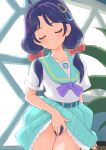  1girl aozora_middle_school_uniform aqua_sailor_collar aqua_skirt bow closed_eyes closed_mouth clothes_lift commentary_request female_pubic_hair hair_ornament hand_on_own_crotch highres kikurage_(crayon_arts) medium_hair precure pubic_hair purple_hair purple_pubic_hair red_bow sailor_collar school_uniform short_twintails skirt skirt_lift smile solo suzumura_sango tropical-rouge!_precure twintails 