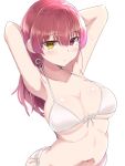  1girl alternate_hairstyle arms_up bangs bikini blush breasts cleavage closed_mouth eyebrows_visible_through_hair hair_between_eyes hair_down heterochromia highres hololive houshou_marine large_breasts long_hair looking_at_viewer myht red_eyes red_hair side-tie_bikini simple_background solo swimsuit upper_body virtual_youtuber white_background yellow_eyes 