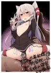  1boy 1girl absurdres amatsukaze_(kancolle) bangs bar_censor black_choker black_dress black_panties blush breasts breath censored choker clothed_female_nude_male clothing_aside commentary_request condom cum cum_in_pussy cum_on_body cumdrip dark-skinned_male dark_skin dress gloves hair_between_eyes hair_tubes hetero highres kantai_collection long_hair looking_at_viewer myht nipples nude open_clothes open_dress open_mouth orange_eyes panties panties_aside penis saliva sex side-tie_panties silver_hair single_glove small_breasts spread_legs striped striped_legwear sweat tears thighhighs translation_request two_side_up underwear used_condom w white_gloves 