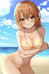  1girl absurdres beach bikini breasts commentary_request highres hisui_(user_zvkr2432) orange_hair swimsuit teeth yahari_ore_no_seishun_lovecome_wa_machigatteiru. yellow_eyes 