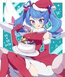  1girl :q alternate_costume aqua_hair bangs blue_angel blue_eyes blue_hair bright_pupils cake christmas closed_mouth commentary dated dress earrings elbow_gloves facial_mark food fork fur-trimmed_dress fur-trimmed_legwear fur_collar fur_trim gloves hair_ribbon hat heart_hair highres holding holding_fork holding_plate jewelry multicolored_hair nanashiba_(banntlla) outline outside_border plate red_dress red_gloves red_headwear red_legwear red_ribbon ribbon santa_dress santa_gloves santa_hat sitting sleeveless sleeveless_dress smile solo star_(symbol) star_earrings streaked_hair swept_bangs thighhighs tongue tongue_out twintails white_outline white_pupils wings yu-gi-oh! yu-gi-oh!_vrains zaizen_aoi 
