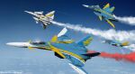  absurdres aircraft airplane blue_sky canards cloud commentary contrail english_commentary fighter_jet fleet flying highres jet military military_vehicle original pilot realistic science_fiction signature sky thrusters uzuki_(artist) 