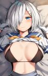  1girl bangs banned_artist belko bikini bikini_top black_bikini blue_eyes blue_sailor_collar blush breasts breasts_outside cleavage closed_mouth clothes_lift gloves grey_skirt hair_ornament hair_over_one_eye hairclip hamakaze_(kancolle) highres kantai_collection large_breasts looking_at_viewer lying navel neckerchief on_back sailor_collar shirt shirt_lift short_hair short_sleeves silver_hair skirt solo swimsuit white_gloves white_shirt yellow_neckerchief 