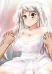  1boy 1girl bangs blush breasts bridal_veil cleavage commission conte_di_cavour_(kancolle) dress grey_eyes grey_hair hair_between_eyes hetero highres holding_hands implied_sex jewelry kantai_collection large_breasts long_hair ring signature skeb_commission smile solo_focus spread_legs twitter_username vaginal veil wedding_band wedding_dress white_dress yo-suke 