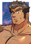  1boy absurdres bara body_hair brown_hair chest_hair facial_hair grin highres kageru_(mofnyan) kengo_(housamo) large_pectorals long_sideburns looking_at_viewer male_focus mature_male muscular muscular_male pectorals short_hair sideburns smile solo stubble thick_eyebrows tokyo_afterschool_summoners upper_body 