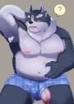  3_eyes ? anthro belly big_penis bodily_fluids boxers_(clothing) clothing crazy_sll drooling flaccid fur genitals grey_body grey_fur hi_res lifewonders male multi_eye navel nipples overweight penis penis_through_leghole poking_out saliva solo tokyo_afterschool_summoners tsathoggua tusks underwear vein veiny_penis video_games 