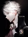  1boy bangs black_coat charles-henri_sanson_(fate) coat collared_coat collared_shirt fate/grand_order fate_(series) from_side hair_between_eyes highres koshika_rina male_focus necktie open_mouth profile red_necktie shirt short_hair solo white_eyes white_hair 