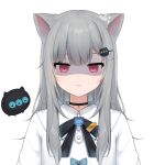  1girl amashiro_natsuki animal_ears bangs black_bow black_choker bow cat_ears choker closed_mouth collared_shirt commentary_request eyebrows_behind_hair grey_hair hair_ornament hairclip indie_virtual_youtuber long_hair looking_at_viewer nacho_(amashiro_natsuki) red_eyes shaded_face shirt simple_background solo upper_body virtual_youtuber white_background white_shirt 