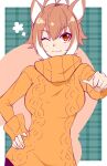  absurdres animal_ears blazblue breasts brown_hair chukachuka eyebrows_visible_through_hair hand_on_hip highres makoto_nanaya multicolored_hair one_eye_closed orange_eyes orange_sweater squirrel_ears squirrel_tail sweater tail thumbs_up white_hair 