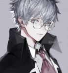  1boy bangs bespectacled black_jacket blue_eyes charles-henri_sanson_(fate) closed_mouth collar collared_shirt fate/grand_order fate_(series) glasses hair_between_eyes jacket koshika_rina looking_at_viewer male_focus necktie red_necktie round_eyewear shirt short_hair solo white_hair white_shirt 