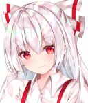  1girl bangs blush bow buttons closed_mouth collared_shirt commentary_request eyebrows_visible_through_hair eyelashes fujiwara_no_mokou hair_bow long_hair looking_at_viewer nanase_nao red_eyes shiny shiny_hair shirt sidelocks silver_hair simple_background slit_pupils smile solo standing suspenders touhou two-tone_bow white_background white_shirt wing_collar 