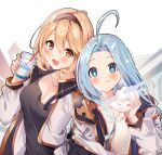  +_+ 2girls :t ahoge alternate_costume bangs baozi black_headband blonde_hair blush breasts cleavage closed_mouth djeeta_(granblue_fantasy) drink eating food gold_trim granblue_fantasy headband holding holding_drink holding_food jacket light_blush long_hair looking_at_viewer lyria_(granblue_fantasy) multiple_girls omuretsu open_clothes open_jacket open_mouth parted_bangs shirt short_hair sidelocks simple_background smile steam symbol-shaped_pupils upper_body white_jacket white_shirt yellow_eyes 