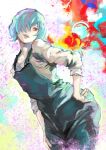  1girl absurdres alternate_hair_color apron bangs black_apron cowboy_shot green_hair grey_shirt hair_over_one_eye hand_on_hip highres kagune_(tokyo_ghoul) kirishima_touka kyuuba_melo leaning_forward long_sleeves multicolored_background official_style open_mouth red_eyes shirt short_hair smile teeth tokyo_ghoul tokyo_ghoul:re upper_teeth 